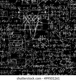 Seamless pattern of geometry, math, physics, electronic engineering subjects. Mathematics equation and calculations, endless hand writing. Black Background. 