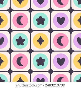 Seamless pattern with geometry shapes of stars, moon, hearts. Print for wallpaper, textile, fabric, wrapping paper. Vector illustration in flat style