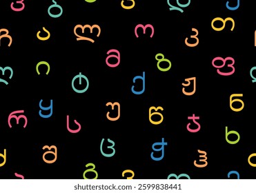 Seamless pattern with Georgian letters colorful vector illustration. Texture with abc. Alphabet letters shapes abstract seamless repeat pattern. Multicolor seamless pattern with Georgian letters