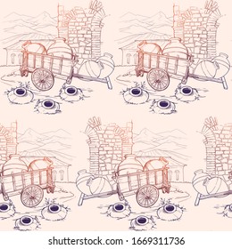 Seamless pattern. Georgian traditional vineyard with kvevri. Countriside panorama on a background. Monochrome sketch style drawing. EPS10 vector illustration