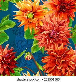 Seamless pattern of georgina flowers with leaves 2