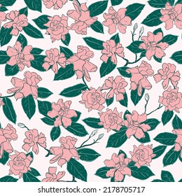 Seamless pattern of geranium flower in pink and green color with white background in linework style and color: pink, emerald and white
