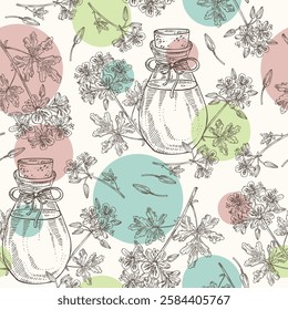 Seamless pattern with geranium: geranium plant, leaves, geranium flowers and bottle of geranium essential oil. Pelargonium graveolens. Cosmetic, perfumery, plant. Vector hand drawn