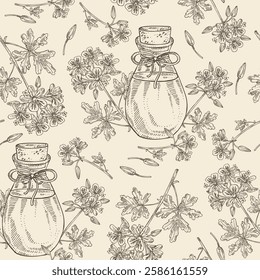 Seamless pattern with geranium: geranium plant, leaves, geranium flowers and bottle of geranium essential oil. Pelargonium graveolens. Cosmetic, perfumery, plant. Vector hand drawn