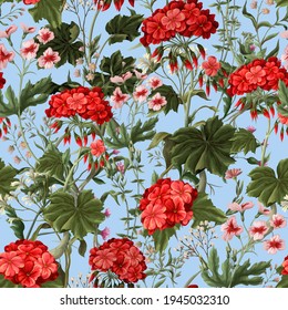 Patrón sin foco con geranios y flores silvestres. Impresión vectorial floral de moda