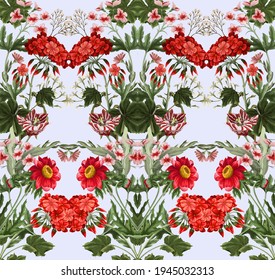 Nahtlose Muster mit Geranien und Wildblumen. Trendfarbener Vektordruck