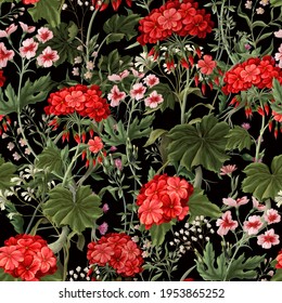 Seamless pattern with geraniums and wild flowers. Trendy floral vector print