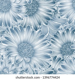 Nahtloses Muster mit Gerbera-Blumen. Schöner floraler Hintergrund für Tapete-Design, Scrapbooking, Nadelarbeit, Packpapier, Wrapper, Karten, Poster.