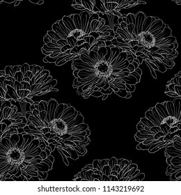Seamless pattern with gerbera flowers hand-drawn in black and white on a black background. Vector natural monochrome outline illustration