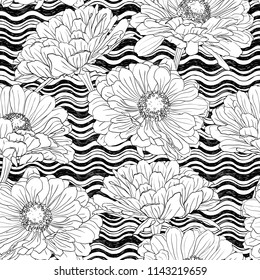 Seamless pattern with gerbera flowers on a background of waves drawn by hand in white and black. Vector natural monochrome outline illustration