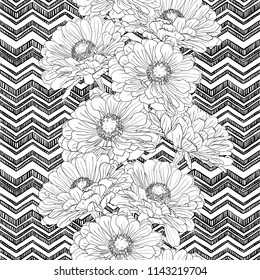 A seamless pattern with gerbera flowers on a background of zigzags drawn by hand in white and black. Vector natural monochrome outline illustration