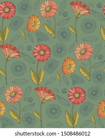 Seamless pattern of gerbera flowers. Vintage style. Hand-drawn Botanical vector illustration. Good design for printing, postcard, Wallpaper, packaging.