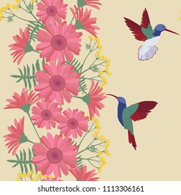 Seamless pattern with gerberas and hummingbirds. For decorating textiles, packaging and wallpaper.Vector illustration.