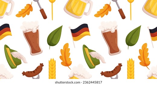 Seamless pattern with German beer festival objects such a German flag, wheat, tyrolean hat, different leaves, glass of dark and light beer