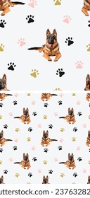 Seamless pattern with german shepherd dogs. Wallpaper with dogs and golden, pink, black paws, holiday texture. Square format packaging, textile. Trendy hand-drawn wrapping paper for dog fun. 