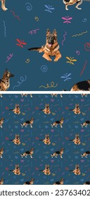 Seamless pattern with german shepherd dogs, holiday texture. Seamless navy color pattern with funny detailed illustrations of dogs, colorful swirls, butterflies. Wrapping, holiday gift. Abstract.