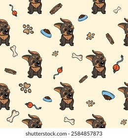 Seamless pattern with German Shepherd puppy. Vector background with cute dogs and pet accessories. Bright print for wrapping paper, gift decoration, pet store decoration, grooming salon