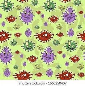 seamless pattern with germs coronavirus, cartoon bacteria with eyes and mouths. vector stock illustration