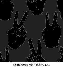 Seamless pattern gesture in the form of two fingers raised up on a gray background. Vector illustration of a man's hand shows the number two on the fingers in a flat style. Gesture of peace and succes