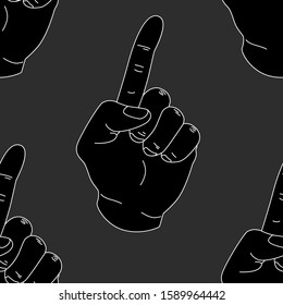 Seamless pattern with the gesture of the index finger up. Vector illustration of a man’s hand in a flat style. Design for background, fabric, wallpaper, stickers and web pages.