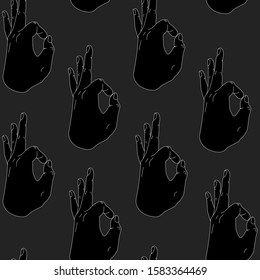 Seamless pattern with a gesture well done. Vector illustration of a man hand gesture in a flat style. Design for backgrounds, fabric, wallpaper, stickers, fabric and web page decor.