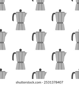 Seamless pattern with geyser coffee maker.  Moka pot or coffee maker with roasted coffee beans. Vector illustration