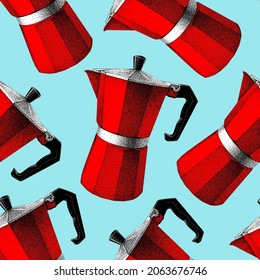 Seamless pattern, geyser coffee makers of red color. Moka pots. Italian Moka Express. Vector illustration in vintage. Realistic sketch. Pointillism.