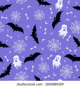 seamless pattern of ghost, bat, bone and cobweb on purple background. lantern in Halloween party celebration. vector