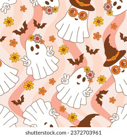 seamless pattern with ghost, bat, flowers