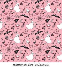 Seamless pattern with ghost and bat in pink color.  Vector color illustration in doodle style