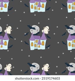 Seamless pattern with ghost, castle, full moon and bat. Dark Vector background for design textile or backdrop