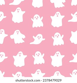 Seamless pattern with ghost. Cute halloween design. Spooky character or scary ghostly monsters. Hand drawn vector illustration on pink background