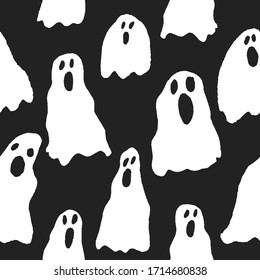 Seamless pattern with ghost. Frightened ghosts sheets isolated on dark background. Hand drawn design for print. Spooky Halloween greeting card, party invitation. Stock vector illustration.