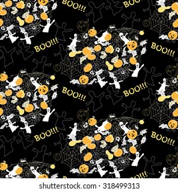 Seamless pattern with ghost. Halloween pattern on black background. Seamless pattern with pumpkins.