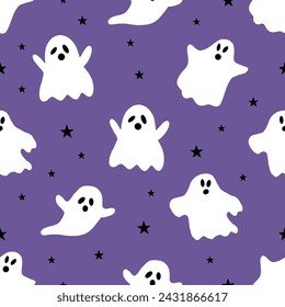 Seamless pattern with ghost. Happy Halloween. Cute ghost and stars repeat print on purple background. Hand drawn seamless pattern