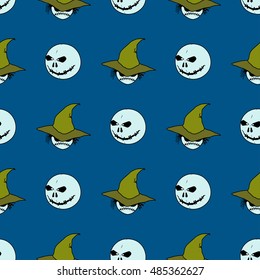 seamless pattern from ghost and monster in hat on dark background.  Endless background for Halloween