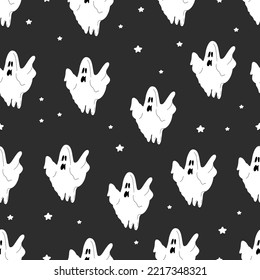 Seamless pattern with ghost on black background. Cute halloween white ghost. Vector illustration of halloween party. Childish background for fabric, wrapping paper, textile