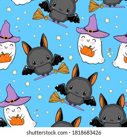 Seamless pattern Ghost with pumpkin and Bat background design print for the holiday halloween vector illustration