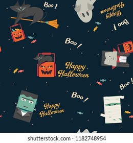 Seamless pattern of ghost, scary pumpkin, cat familiar, Dracula, Frankenstein and the mummy perfect for Halloween.