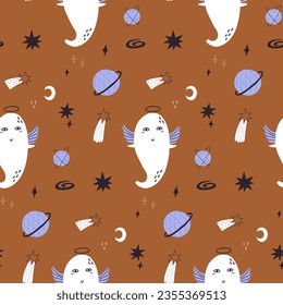 Seamless pattern ghost with space elements in hand drawn style. Halloween background
