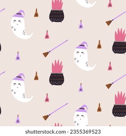 Seamless pattern ghost witch with cauldron broom poison in hand drawn style. Halloween background