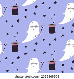 Seamless pattern ghost wizard with magic wand in hand drawn style. Halloween background