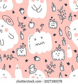 Seamless pattern with ghosts and autumn elements. Perfect for scrapbooking, poster, textile and prints. Hand drawn vector illustration for decor and design.