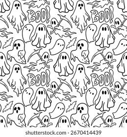 Seamless pattern with ghosts. Autumn pattern with ghosts. Vector illustration. Can be used for wallpaper, packaging, postcards, clothing patterns and more.