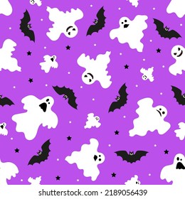 Seamless pattern with ghosts and bats. For the design of backgrounds, wallpapers, wrapping paper fabric, etc. Vector.