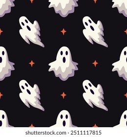 Seamless pattern with ghosts, bats and stars on a dark background