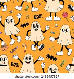 Seamless pattern with ghosts in a cartoon retro groove style on a yellow orange background. Vector halloween illustration background.