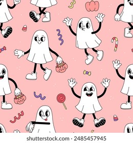 Seamless pattern with ghosts in a cartoon retro groove style on a pink background. Vector halloween illustration background.