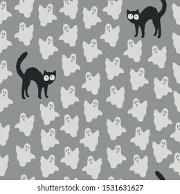 Seamless pattern with ghosts and cats. Funny scared cat. Hand drawn vector illustration