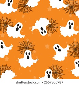 Seamless pattern of ghosts and cobwebs on orange background. Design of children's goods, wrapping paper for Halloween, children's wallpaper. Vector illustration.